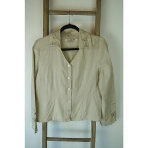 Vintage AMI 100% Linen Tan Embroidered Floral Button Up Long Sleeve Womens M